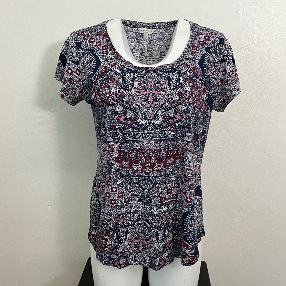 Lucky Brand Womens Large Blue Red Paisley Cotton Short Sleeve Scoop Neck Tee Top